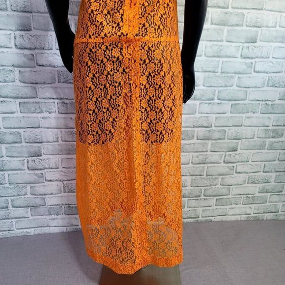 Vintage 70s Bright Orange Lace Popover Sheer Empire Waist Maxi Dress Boho Hippie - Picture 8 of 8